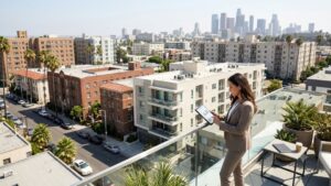 Investor reviewing data on rooftop overlooking Los Angeles skyline — guide to comparing cap rates across LA multifamily neighborhoods